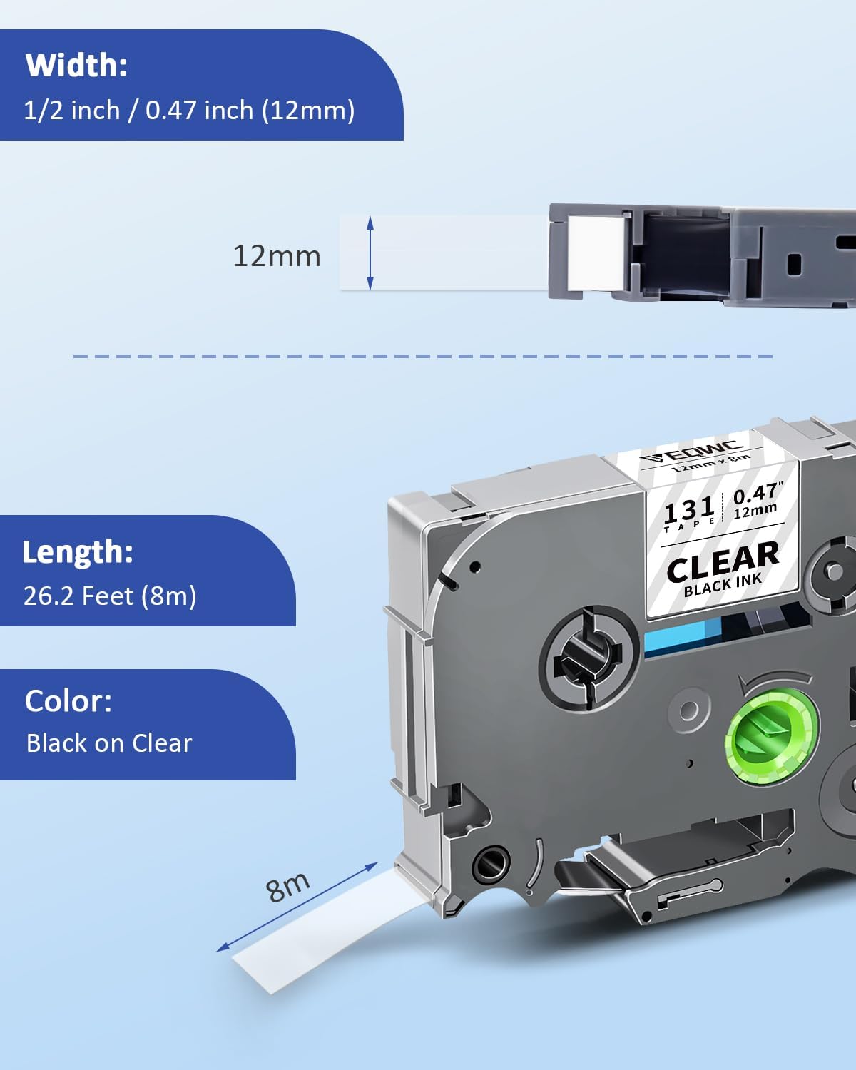 Tz-131 12mm 0.47 Laminated Clear TZ Tape Compatible for Brother P-Touch TZe-131 TZe Label Tape Black on Clear Label Maker Refills Work for Ptouch PT-D220 PT-H110 Pt-D210, 1/2 Inch x 26.2 ft, 4-Pack