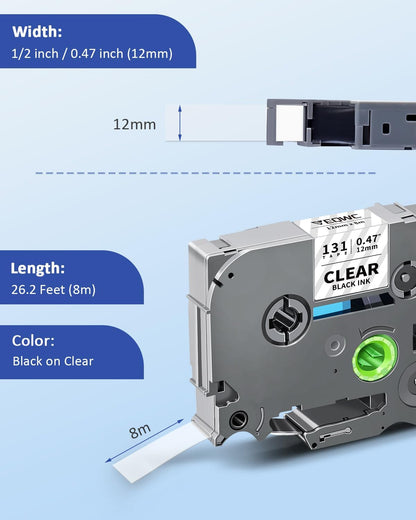 Tz-131 12mm 0.47 Laminated Clear TZ Tape Compatible for Brother P-Touch TZe-131 TZe Label Tape Black on Clear Label Maker Refills Work for Ptouch PT-D220 PT-H110 Pt-D210, 1/2 Inch x 26.2 ft, 4-Pack