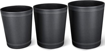 KINGFOM 3 Pack PU Leather Small Office Trash Can Wastebasket, Round Garbage Container Bin for Bathrooms, Powder Rooms, Kitchens, Home, Bedroom, High-Class Hotel, Black