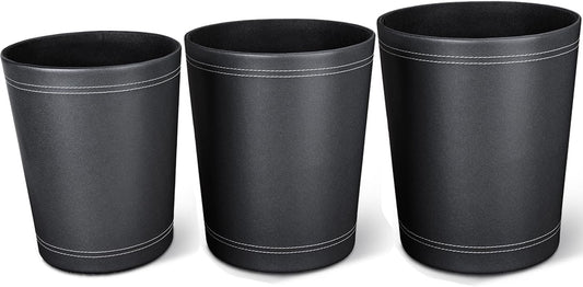 KINGFOM 3 Pack PU Leather Small Office Trash Can Wastebasket, Round Garbage Container Bin for Bathrooms, Powder Rooms, Kitchens, Home, Bedroom, High-Class Hotel, Black