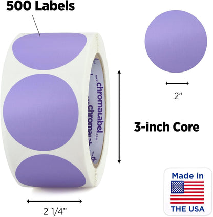 ChromaLabel 2 Inch Round Label Permanent Color Code Dot Stickers, 500 Labels per Roll, Lavender