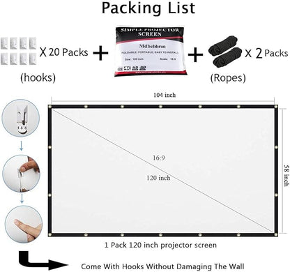 120 inch Projector Screen 16:9 Foldable Anti-Crease Portable Projector Movies Screens for Home Theater Outdoor Indoor Support Double Sided Projection