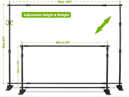 10x8ft Adjustable Metal Telescopic Tube Backdrop Stand，for Parties and Photography Sessions Heavy Duty Background Stand，Portable Install and Repeat use Banner Stand for Photoshoot，with Carrying Bag