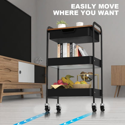 3 Tier Rolling Cart with Drawer, Metal Utility Cart on Wheels Storage Cart with Wood Top, Kitchen Cart Art Cart Organizer for Bathroom Office Balcony Living Room