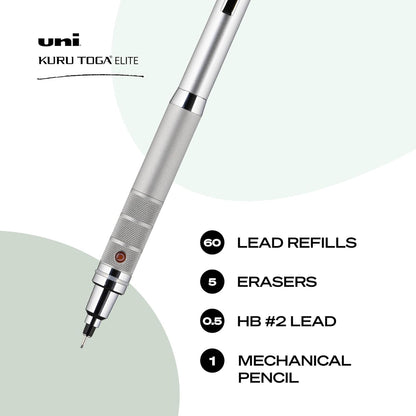 Uniball Kuru Toga Elite Mechanical Pencil Starter Kit with Silver Barrel and 0.5mm Tip; 60 Lead Refills; and 5 Pencil Eraser Refills; HB #2; Office Supplies; School Supplies; Drafting