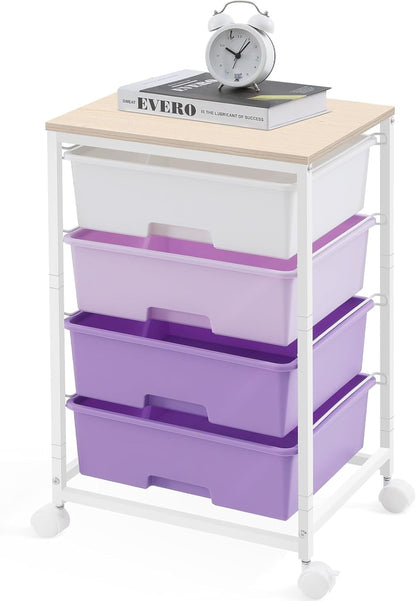 Utility Cart with 4 Drawers,Rolling Storage Cart with Drawers,Storage Rolling Drawer Cart with Wooden Tabletop for Bedroom,Kid's Room,Dorm,Classroom,Office, Purple
