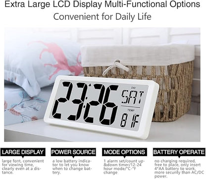 TXL 14.2" Large Digital Day Wall Clock, Custom 8 Languages Calendar, Count up-Down Timer and Temp Reminder, 12/24Hr Desktop Alarm Clock with Extra Large Display for Home Office Studio Hotel, White