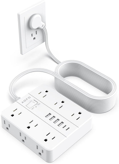 20FT Surge Protector Power Strip,12 AC Outlets with 6 USB Ports (2 USB-C), Flat Plug Extension Cord with Multiple Outlets, Wall Mount for Home Office,Dorm, White