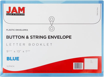 JAM PAPER Plastic Envelopes with Button & String Tie Closure - Letter Booklet - 9 3/4 x 13 - Blue - 12/Pack