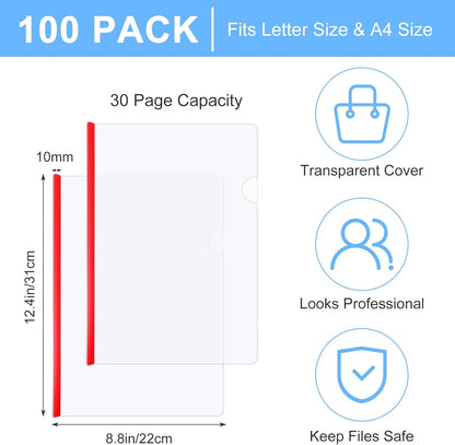 100 Pcs Clear Report Cover with Sliding Bar 30 Sheet Capacity Presentation Binder Transparent Resume Folder Plastic Folder for File Report School Office (8.8 X 12.4 Inch)