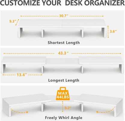 TAVR Furniture Dual Monitor Stand Riser, Computer Monitor Stands for 2 Monitors, Extra Long Multifunctional Desktop Organizer Riser for Computer, Laptop, PC, Printer, TV, Max 43.3" Length, White