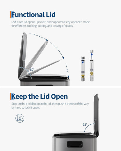 GarveeHome 2 x 8 Gallon Stainless Steel Double Trash Can with Lid for Kitchen, Large Dual Trash and Recycle Bin Combo, Step-on Kitchen Metal Garbage Cans, PP Inner Buckets, Liner Rim, Silver