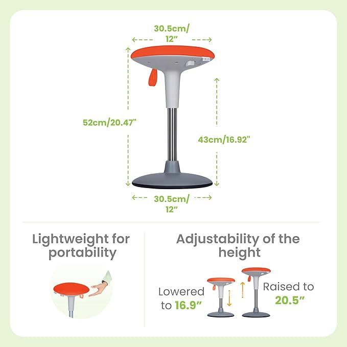 Wobble Stool for Kids Ages 7–12; Adjustable Height Wobble Stools for Classroom Seating with Soft Cushion; Flexible Wiggle Chair for Focus and ADHD Support + Bonus Visual Timer (Sunny Orange)
