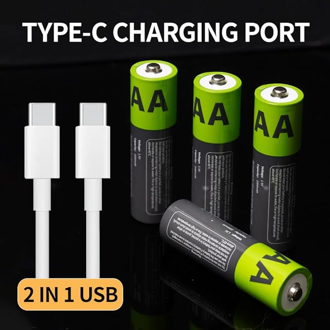 2000mAh USB-C Rechargeable AA Batteries, 1200 Cycles Life, Fast Charging with Type-C Cable, for Gaming Controllers, Mouse, Keyboard & Home Electronics, Black Green (4)