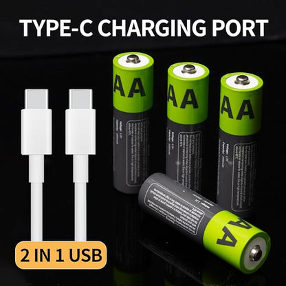 2000mAh USB-C Rechargeable AA Batteries, 1200 Cycles Life, Fast Charging with Type-C Cable, for Gaming Controllers, Mouse, Keyboard & Home Electronics, Black Green (24)