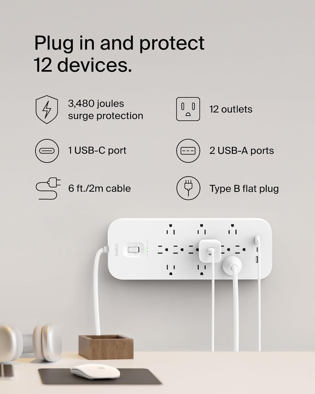 Belkin 12-Outlet Surge Protector Power Strip w/ 12 AC Outlets, 2 USB-A Ports and 1 USB-C Port, 6ft Cable, UL-listed w/ Overload & Overvoltage Protection + On/Off Switch - 3,480 Joules of Protection