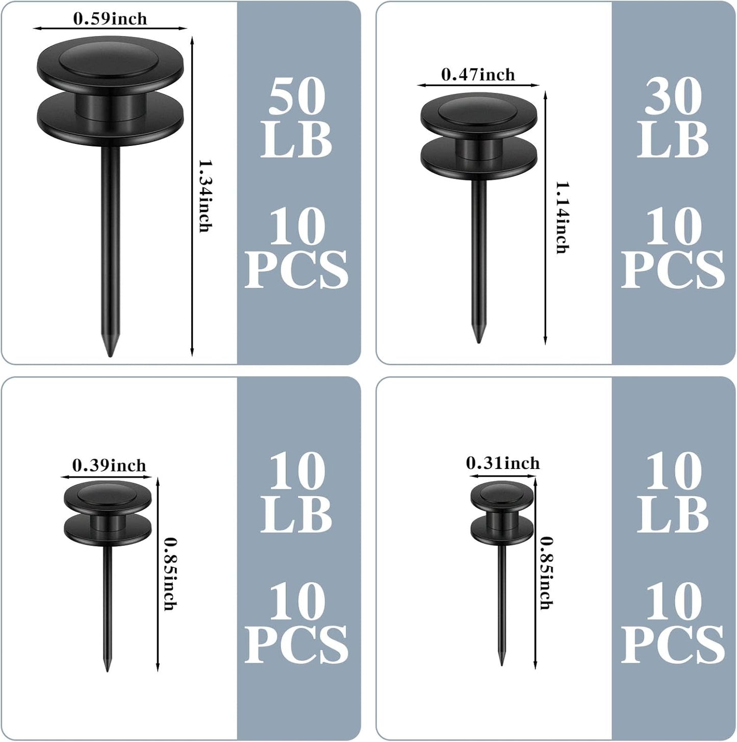 Ferraycle 40 Piece Double Headed Picture Hangers Nails 4 Size Long Thumb Tacks for Wall Hanging Decorative Nails Push Pins Picture Hooks for Drywall Photo Decor, 10/20/ 30/ 50lb(Black)