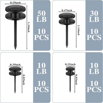 Ferraycle 40 Piece Double Headed Picture Hangers Nails 4 Size Long Thumb Tacks for Wall Hanging Decorative Nails Push Pins Picture Hooks for Drywall Photo Decor, 10/20/ 30/ 50lb(Black)