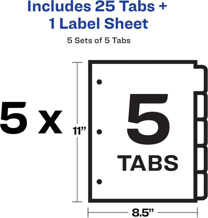 Avery 5 Tab Dividers for 3 Ring Binder, Easy Print & Apply Clear Label Strip, Index Maker Customizable White Tabs, 10-Pack of 5 Sets, 50 Sets Total (11436)