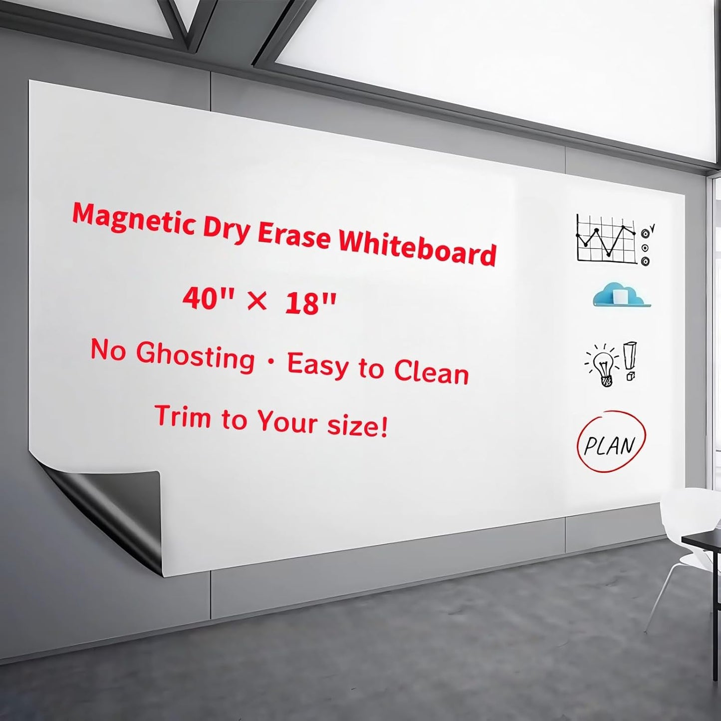 Magnetic Dry Erase Whiteboard 40"x18" - Self-Adhesive Flexible Wall Board Kit with 11 Markers, 6 Magnets, Magnetic Eraser & Holder - Ultra Smooth Writing,Effortless Clean for Office, Home, School