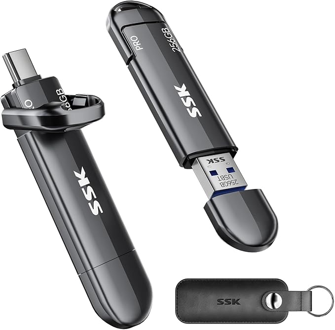 SSK USB Flash Drive 256GB SSD External, TLC NAND Solid State Drive Dual USBC & USBA Ports, Up to 1000MB/s High-Speed Portable 1TB USB Thumb Drive Stick for iPhone 15/16/17 Pro, Mac, Android, PC Backup