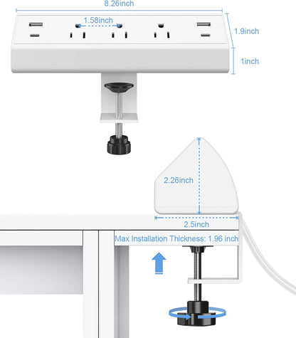 Jgstkcity Desk Clamp Power Strip,40W Total Fast Charging Station,2 PD 20W USB C Ports,Desk Edge Mount Surge Protector for Home, Office,3 Outlets,Fit 1.96" Tabletop Edge,ETL Listed,White
