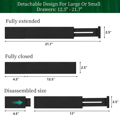 FJO 4 Pack Adjustable Bamboo Drawer Dividers - 12.5" - 21.7" Expandable Drawer Separators for Kitchen, Utensils, Clothes, Bedroom, Dresser, Bathroom (Black)