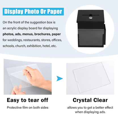 xydled Suggestion Box with Key Lock Acrylic Sign Holder, Metal Donation Ballot Drop Box with Slot Tip Jar for Office, Fundraising, Church, School,8.9''x7.1''x6.3'', Black
