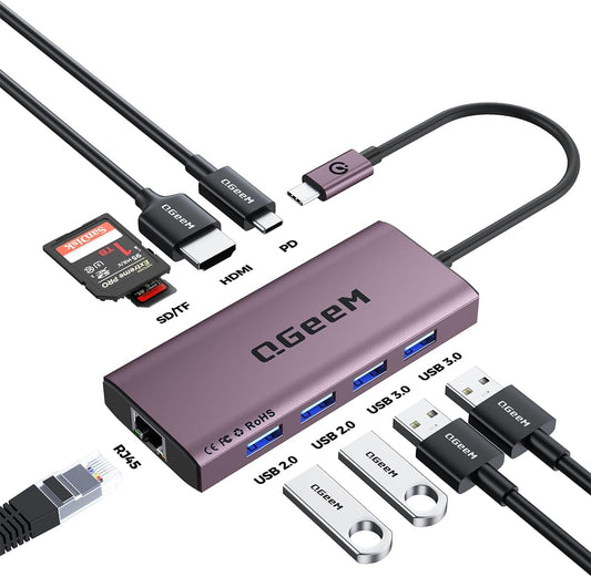 QGeeM USB C Hub Ethernet,9 in 1 USB Type C Hub HDMI Multi-Port Converter Adapter,100W Pd, USB 3.0,SD/TF Card Reader,Compatible for MacBook Pro Air Ipad HP Dell Lenovo Chromebook etc.-Violet