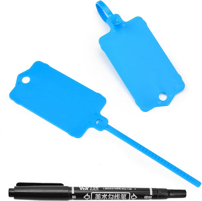 100pcs Blank Plastic Tags for Labeling Reusable Hanging Tags Ties Key Tag Storage Labels Waterproof Plastic Mark Label Writable Hang Sign with One Marker Pen (Blue)