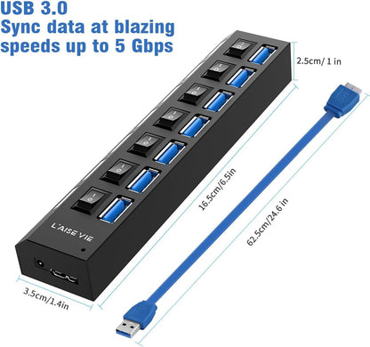 USB 3.0 Hub, 7 Ports USB Splitter USB A Port Data Hub with Independent On/Off Switch and LED Indicators, Lights for Laptop, PC, Computer, Mobile HDD, Flash Drive and More