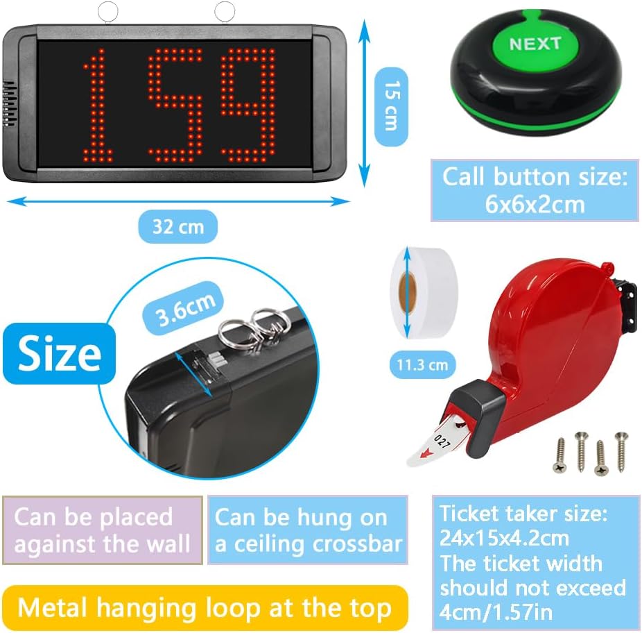 Take a Number System Wireless Queue Calling System 1 Metal Number Display 2 NEXT Call Buttons 1 Red Ticket Dispenser with 3-Digit Ticket Roll 000-999 for Restaurant Cafe Clinic Bank