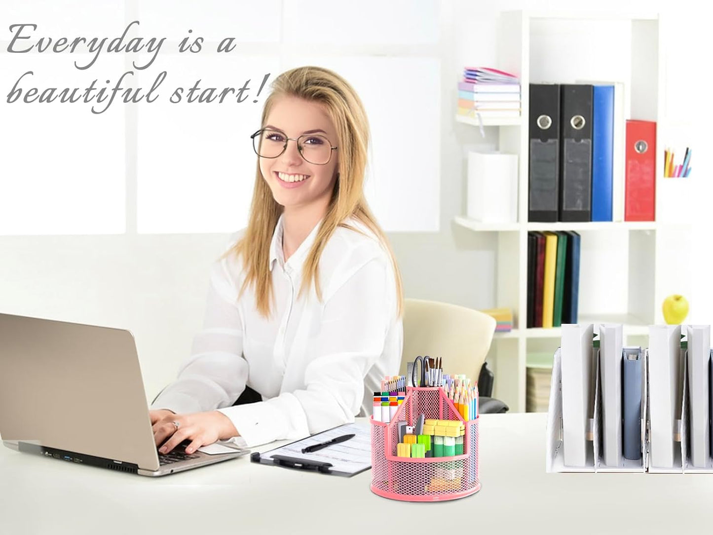 Sturdy Rotating Pen Holder, Cute Metal Pencil Holder, Large Mesh Pen Organizer for Desk, Premium Friendly Office Desk Accessories & Workspace Organizers, Pink