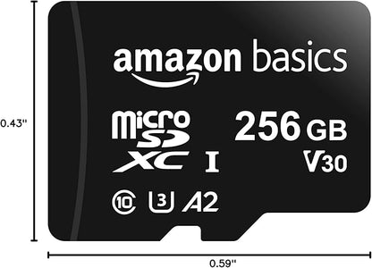 Amazon Basics Micro SDXC Memory Card with Full Size Adapter, A2, U3, Read Speed up to 100 MB/s, 256 GB, Black