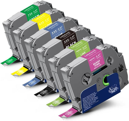 6-Pack Compatible TZe Label Tape 12mm 0.47 Laminated Multi-Color TZe-335 535 635 735 MQP35 MQG35 TZe-231 TZ Tape for PT-H110 D210 D220 D400, Black/Blue/Yellow/Green/Pink/Lime Green