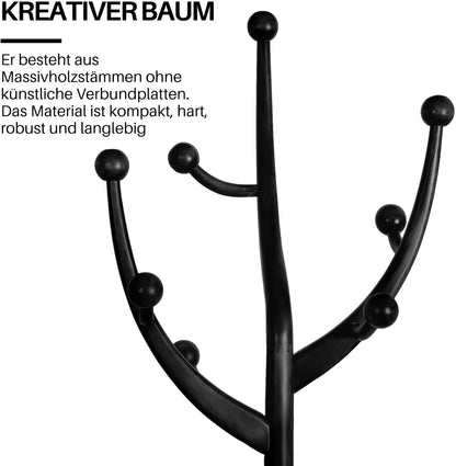 Heavy Duty Coat Rack Freestanding Wood Tree Rack with 8 Hooks, Unique Design Tree Branch-look, Premium Coat Tree Clothes Hanger Stand with Sphere Base for Entryway, Hallway, Bedroom-Load 160lbs Black