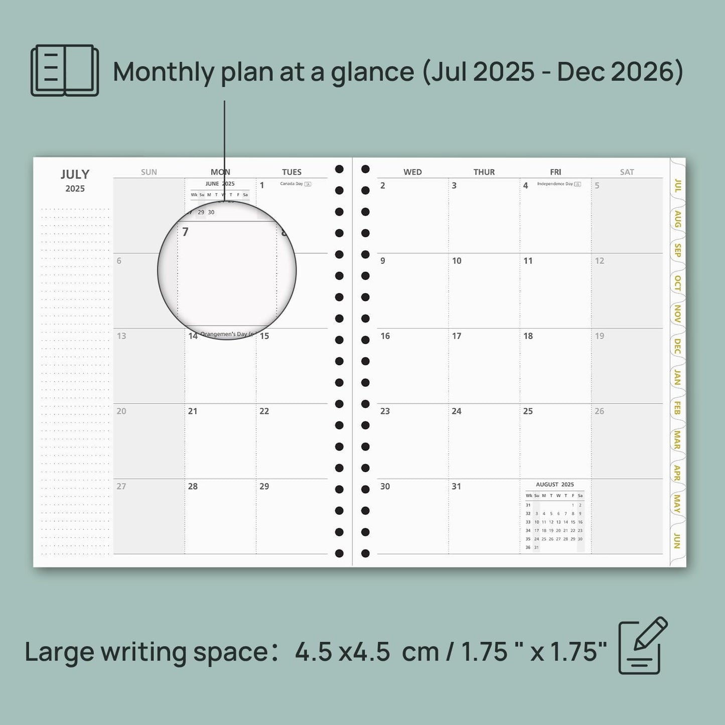 POPRUN Monthly Planner 2025-2026 Spiral Hardcover (8'' x 10''), 18 Months Calendar (Jul.2025 - Dec.2026)- 2 Pages per Month with Dotted Note Pages, Sunday Start, Laminated Tab - Light Yellow