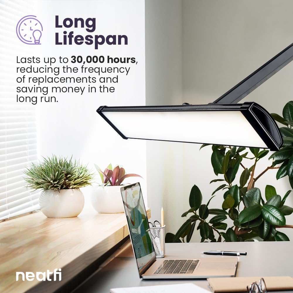 Neatfi Ultra 3,500 Lumen LED Desk Lamp, 45W, 26-Inch Wide Metal Shade, 270 SMD LEDs (Non-CCT with Clamp, Black)