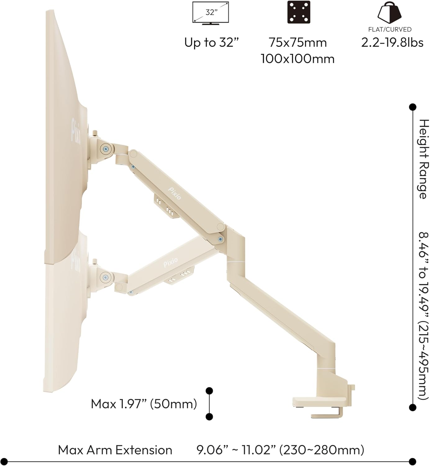 Pixio PS1S Wave Beige Single Monitor Arm Stand Desk Mount - Fits up to 32 inches Monitors and up to 19.8lbs. VESA Compatibility and Integrated Cable Management