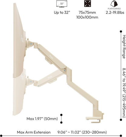 Pixio PS1S Wave Beige Single Monitor Arm Stand Desk Mount - Fits up to 32 inches Monitors and up to 19.8lbs. VESA Compatibility and Integrated Cable Management