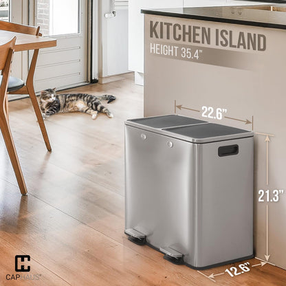 CAPHAUS Dual Trash Can with Double Lid, Trash and Recycle Bins Combo, Hands-free Stainless-Steel Garbage Can for Kitchen, with 2 Compartment, Hinged Lid, Odor Filters, Handles, 25L+25L, 2 x 6.6 Gallon