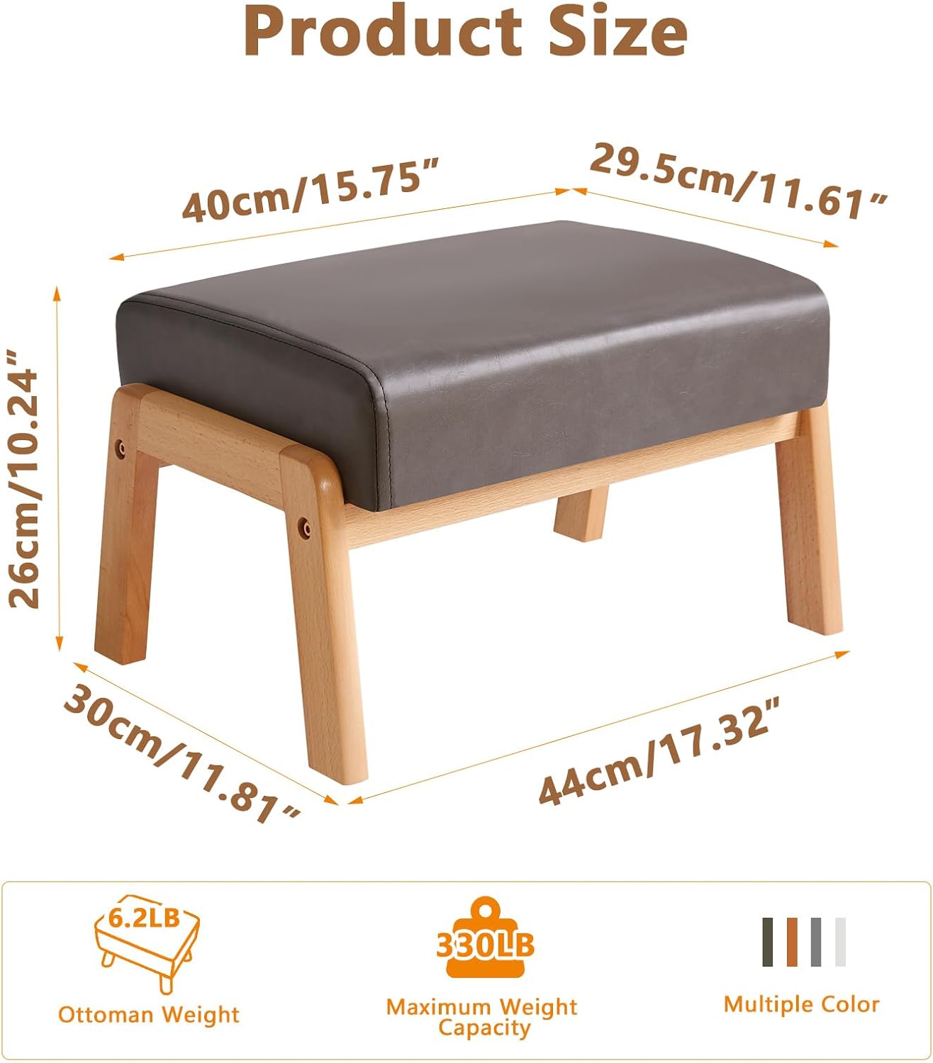 IBUYKE 10.2” H Small Foot Stool Ottoman, Rectangle PU Faux Leather Foot Rest with Padded Seat and Wood Legs, Modern Accent Ottoman Foot Rest for Living Room Bedroom Couch Office, Grey WBD013G