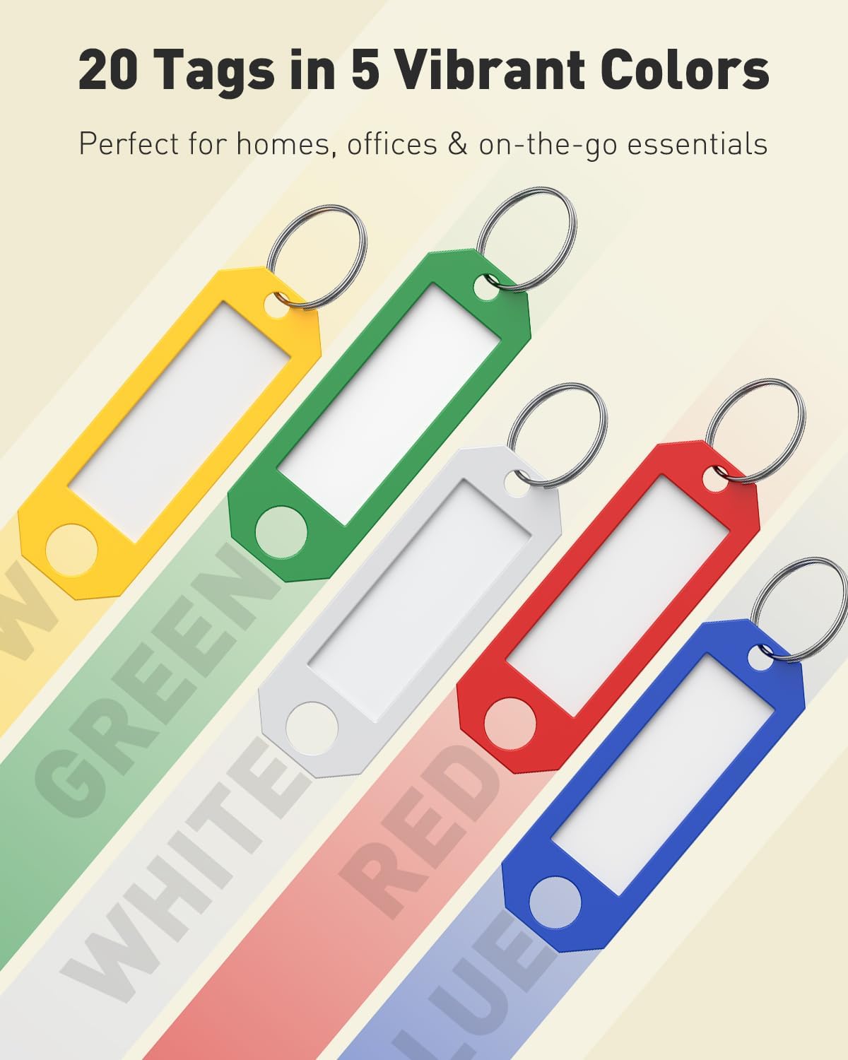 Uniclife 20 Pcs Key Tags, 5 Color Key Tags with Labels, 2.3" x 0.8" Key Labels for Keychain, Plastic Key Identifiers with Split Ring, Blank Key Ring Tags for House Office & School
