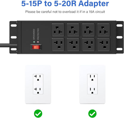 CCCEI 2PCS Heavy Duty Power Strip Surge Protector 20 AMP, 8 Outlets 12 Gauge Shop Garage Metal Multiple Outlets, 6 FT Extension Cord 5-15P Adapter High Amp 6-20R T-Slot 20a for Appliance Black.