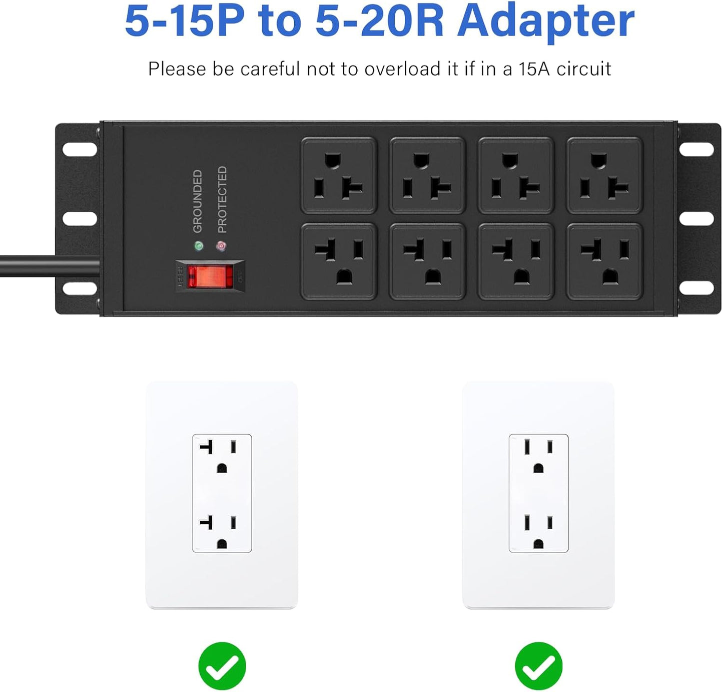 CCCEI Black Heavy Duty Power Strip Surge Protector 20 AMP, 8 Outlets 12 Gauge Industrial Shop Garage Metal Multiple Outlets, 6 FT Extension Cord 5-15P Adapter High Amp 6-20R T-Slot 20a for Appliance