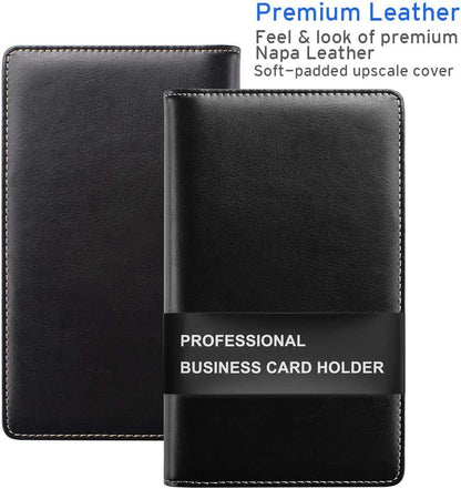 Sooez Leather Professional Business Card Book Holder Organizer, 240 Capacity Credit Card Booklet, PU Name Cards Holder Storage File for Men Women, 7.7 x 4.5 Inch, Black