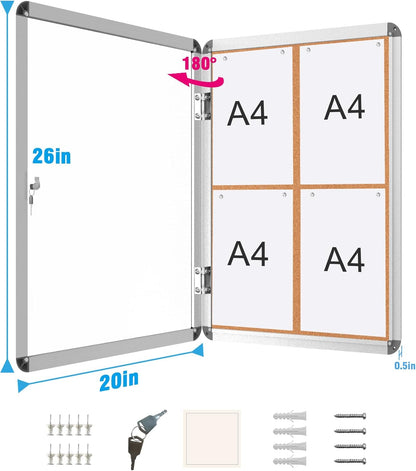 2 Pack 26"x20" Enclosed Bulletin Board, Lockable Weather-Resistant Aluminum Cork Noticeboard for School & Office, Silver Frame w/Cork