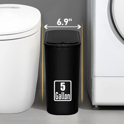 5 Gallon Motion Senor Bathroom Trash Can with Lid, Automatic Garbage Can Touchless, Smart Plastic Waste Basket for Narrow Spaces, Bathroom, Office, Bedroom, Living Room (Black)