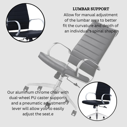 Ribbed High Back Conference Room Chairs - Lumbar Support, Modern Style Executive Chair for Home and Office - 360 Swivel Rolling Wheels - Aluminum Chrome Frame & Base - Black (Pack of 6)