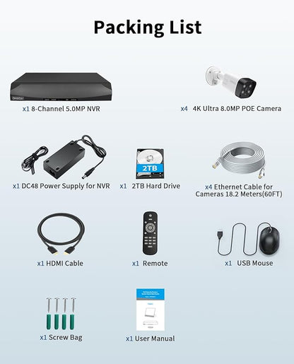 《4K Ultra HD & 100FT IR Night Vision》Wired Outdoor Security Camera System, POE Cameras for Home Security, NVR Video Surveillance Systems with Motion Detection